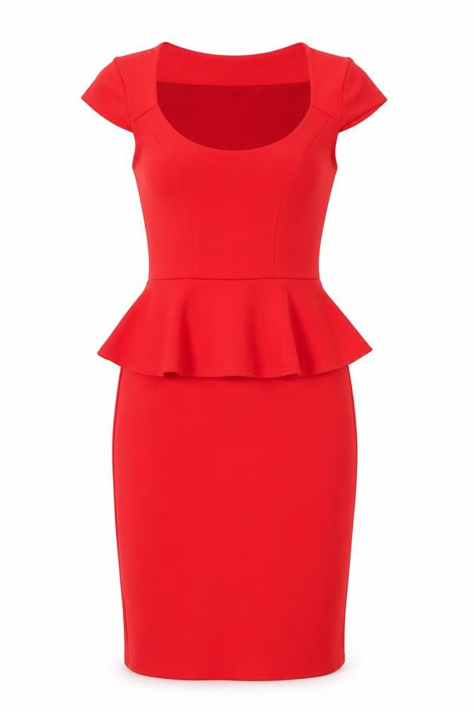 Front view of Liquid women’s red polyester pencil dress, size UK 8, scoop neck pullover - cap sleeve