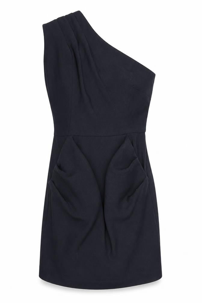 Front view of Warehouse women’s blue polyester shift, size UK 10, one shoulder zip