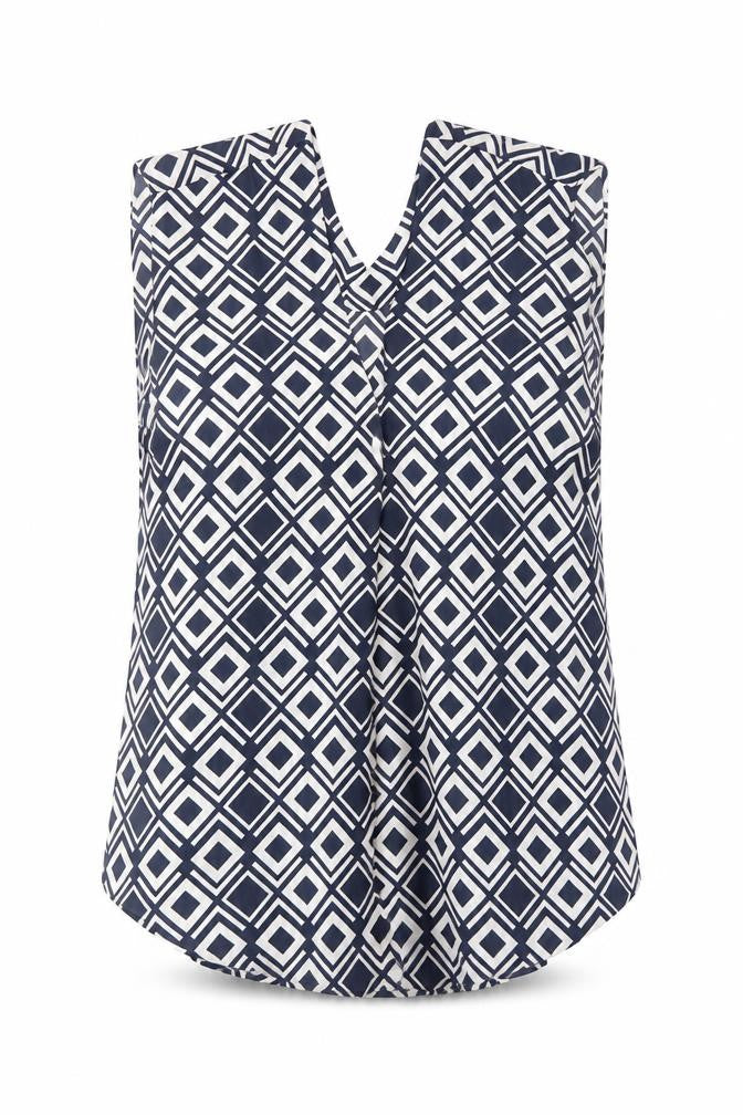 Front view of Marks & Spencer women’s blue geometric polyester basic tank, size UK 6, v-neck