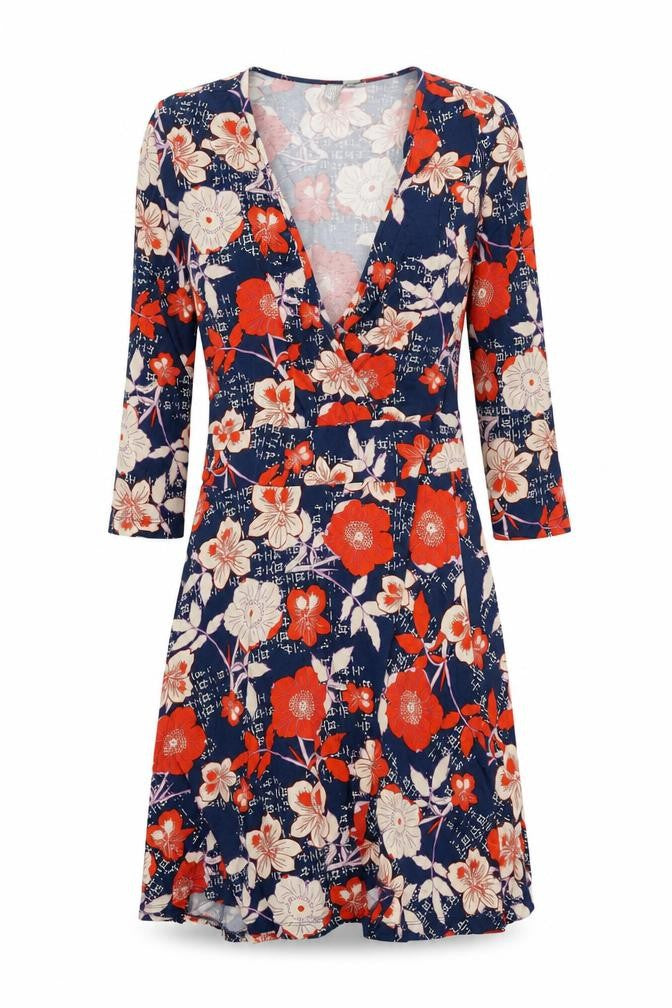 Front view of ASOS women’s blue floral polyester fit & flare, size UK 10, v-neck pullover - wrap front