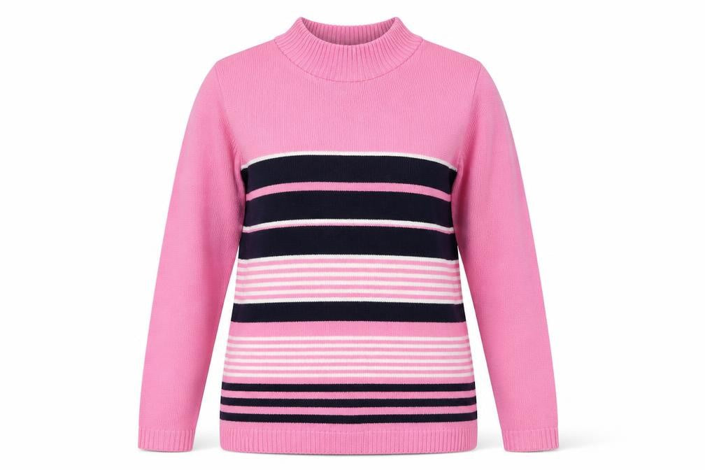Front view of Envy women’s pink mock neck striped acrylic jumper, size S
