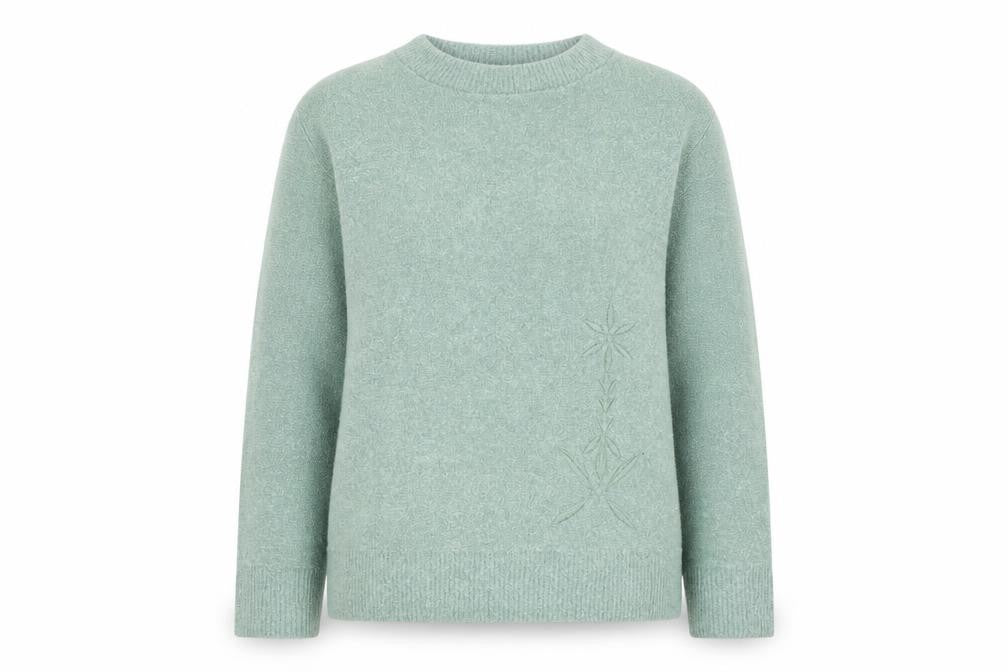 Front view of 4 Me women’s green round neck acrylic jumper, size S