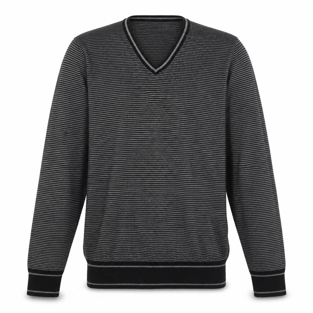 Marks and Spencer Mens Black V-Neck Striped Cotton Pullover Jumper Size S Long Sleeve