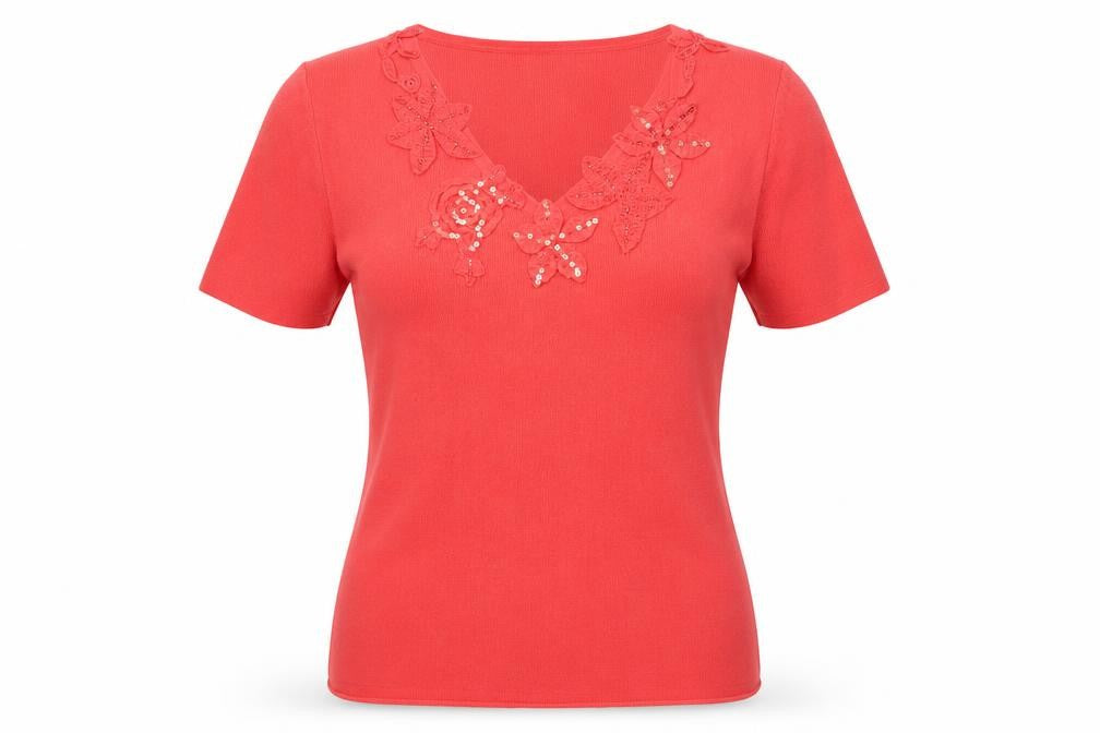 Front view of Pure & Natural women’s red nylon basic t-shirt, size UK 10, v-neck