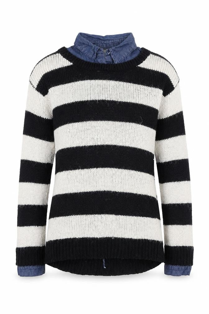 Front view of Next women’s blue collared striped acrylic jumper, size UK 10