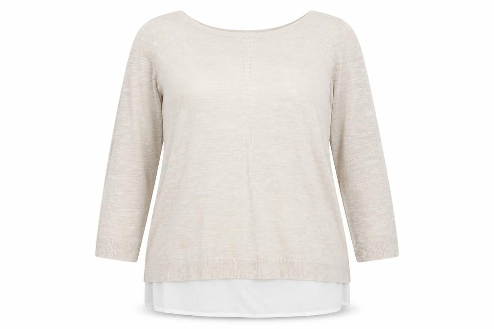 Front view of M&Co women’s beige round neck acrylic jumper, size UK 14