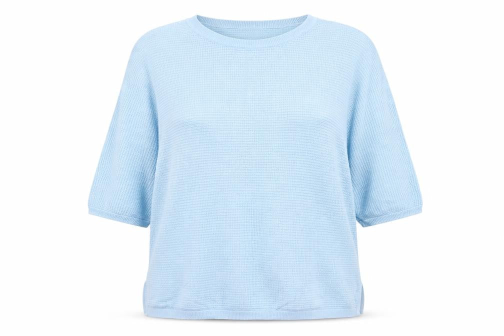 Front view of Linea Tesini women’s blue round neck acrylic jumper, size L