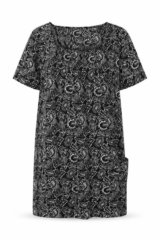 Front view of Bonprix women’s black paisley viscose shift, size S, square neck pullover