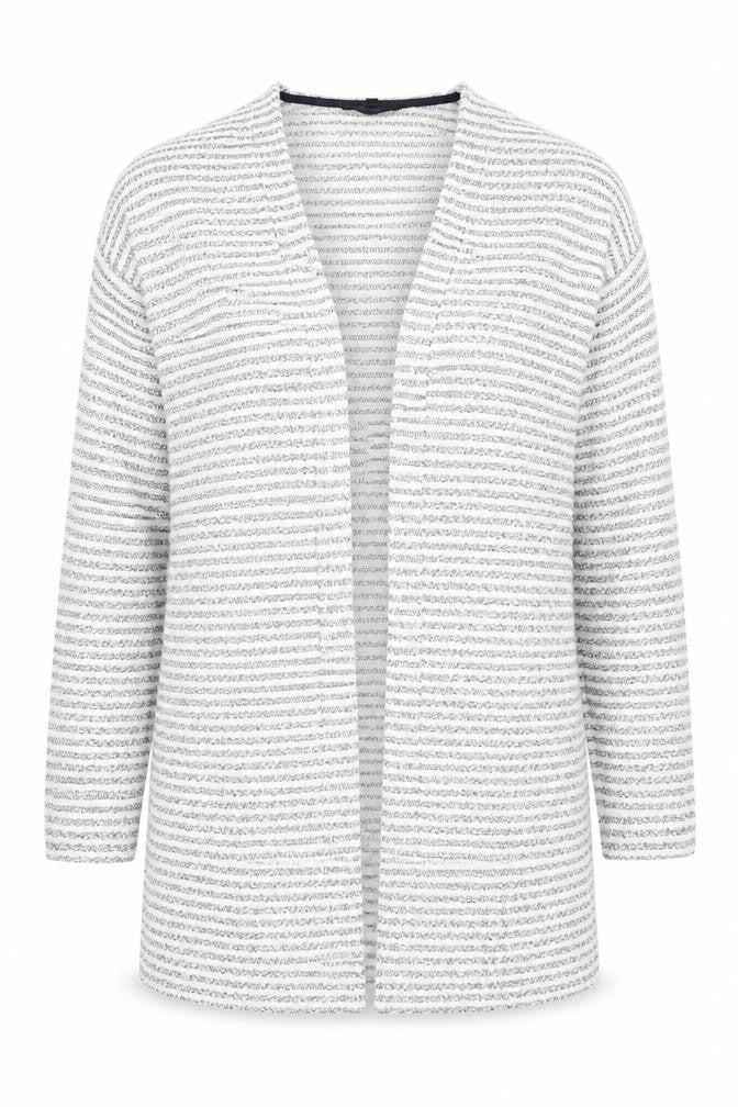 Front view of Next women’s grey v-neck striped polyester cardigan jumper, size UK 8