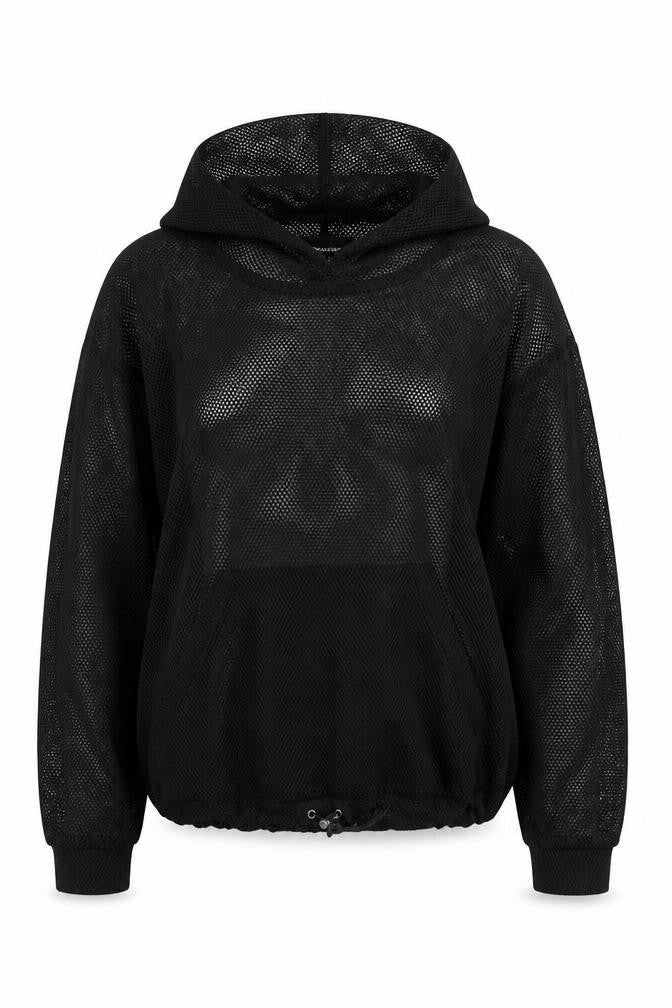 Front view of WorkOut women’s black polyester pullover hoodie, size UK 6, pullover