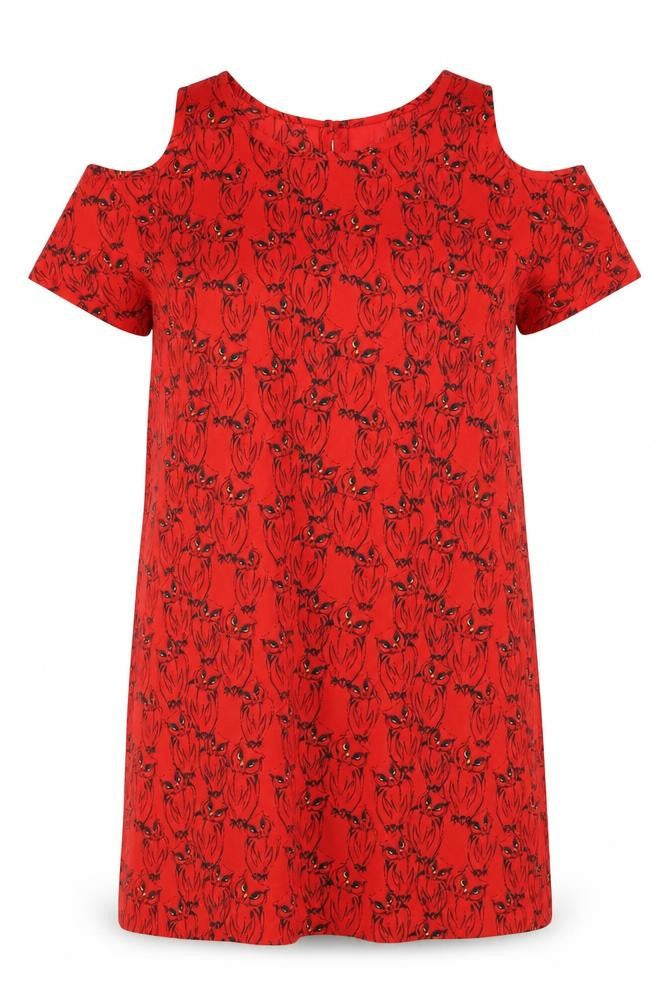 Front view of Atmosphere women’s red geometric polyester t-shirt dress, round neck button - owl pattern cold shoulder