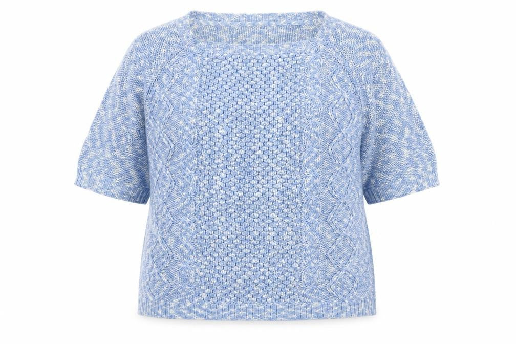 Front view of M&Co women’s blue round neck acrylic jumper, size UK 12