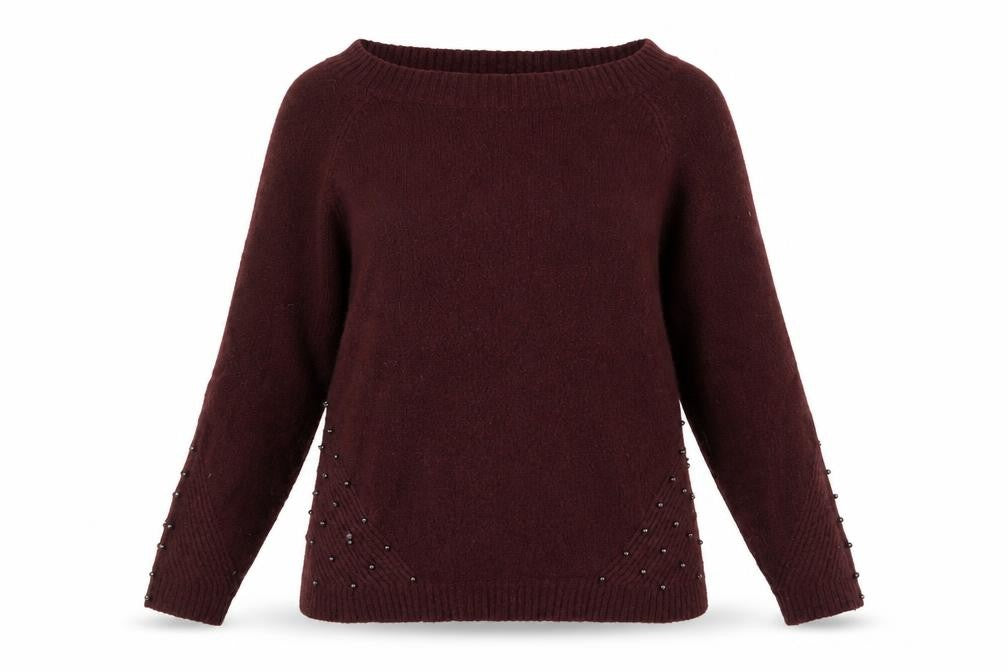 Front view of Dorothy Perkins women’s red v-neck herringbone acrylic jumper, size UK 14