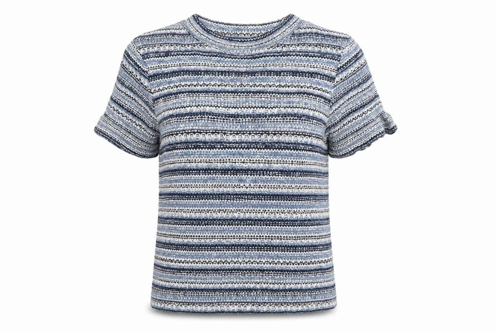 Front view of River Island women’s blue round neck striped acrylic jumper, size UK 8