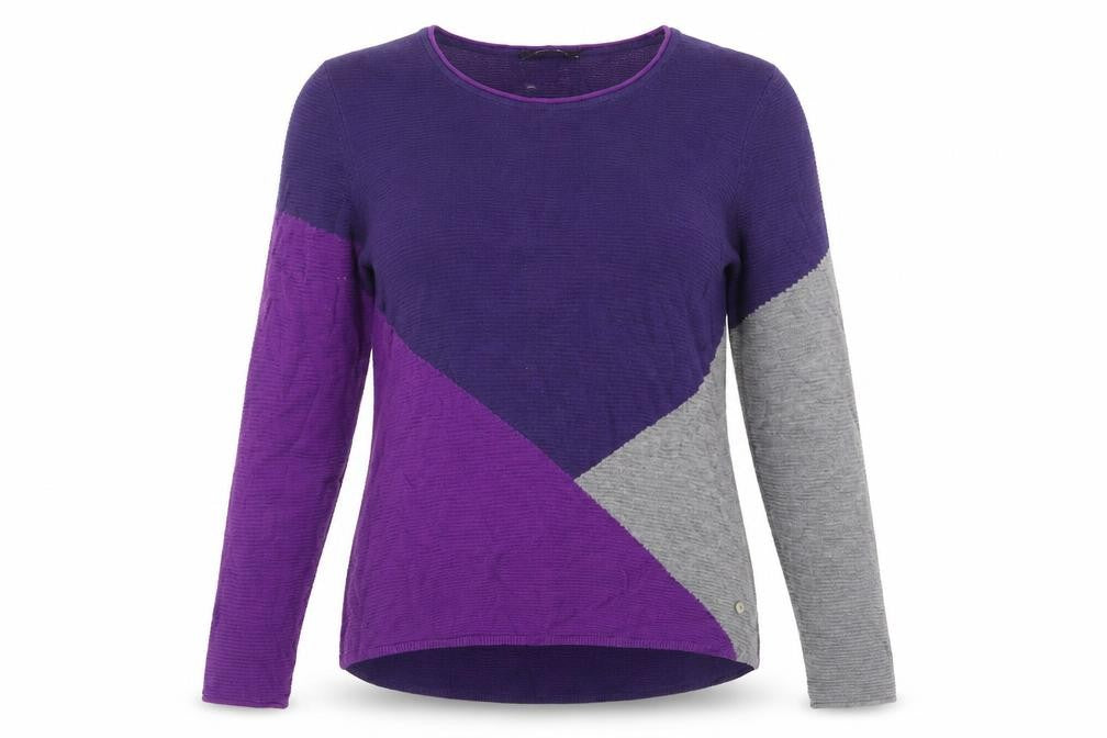Front view of Olsen women’s purple round neck acrylic jumper, size UK 12