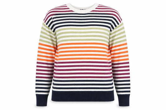 Front view of Maine New England women’s multicoloured round neck striped cotton jumper, size UK 14