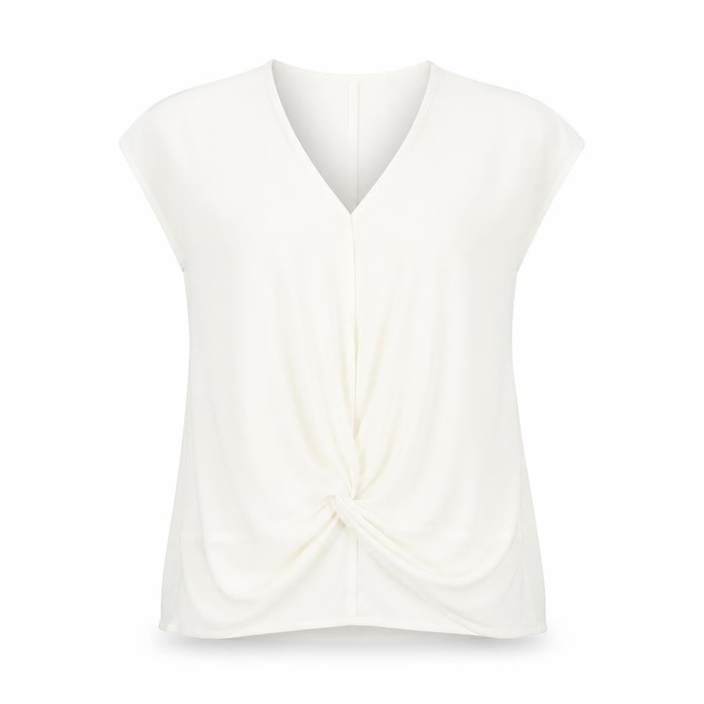 Front view of Warehouse women’s white polyester basic blouse, size UK 12, v-neck - knot front