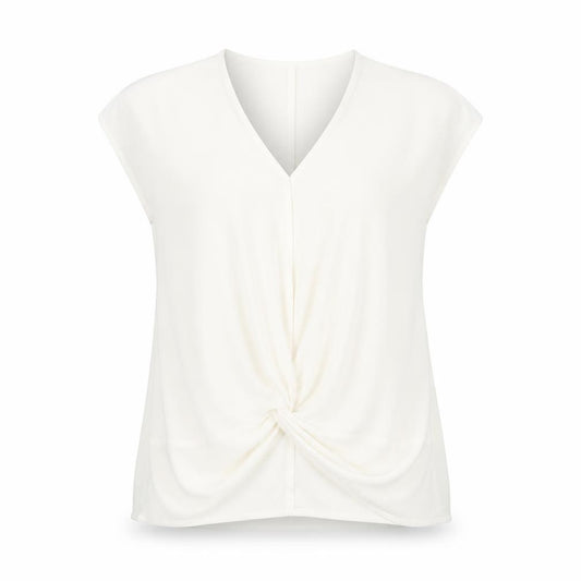 Front view of Warehouse women’s white polyester basic blouse, size UK 12, v-neck - knot front