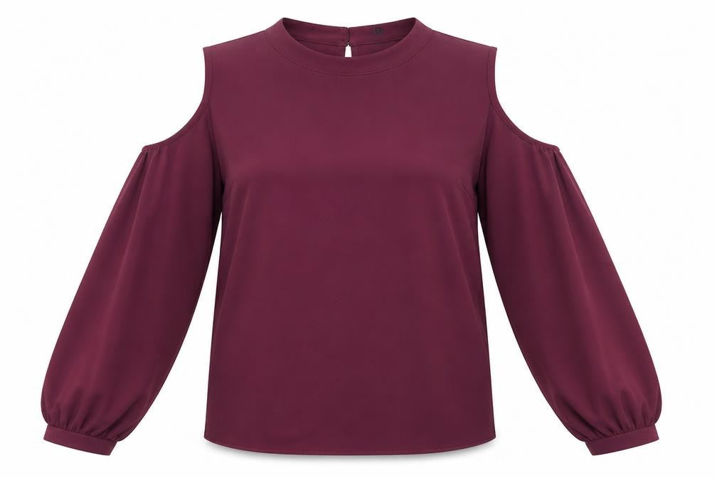 Front view of Y.A.S women’s purple polyester basic blouse, size L, round neck - cold shoulder