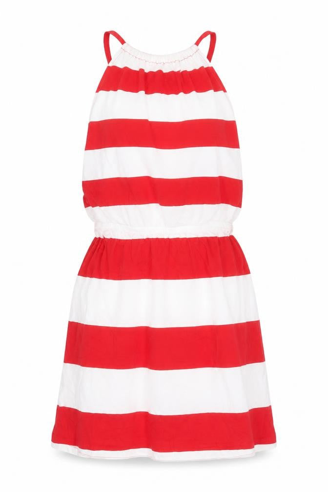 Front view of French Connection women’s red striped 100% cotton mini, size S, halter tie