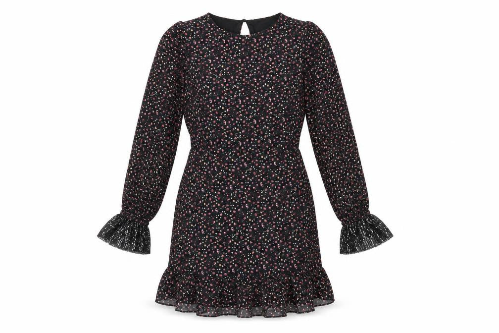 Front view of fuse women’s black floral polyester fit & flare, size UK 14, round neck button