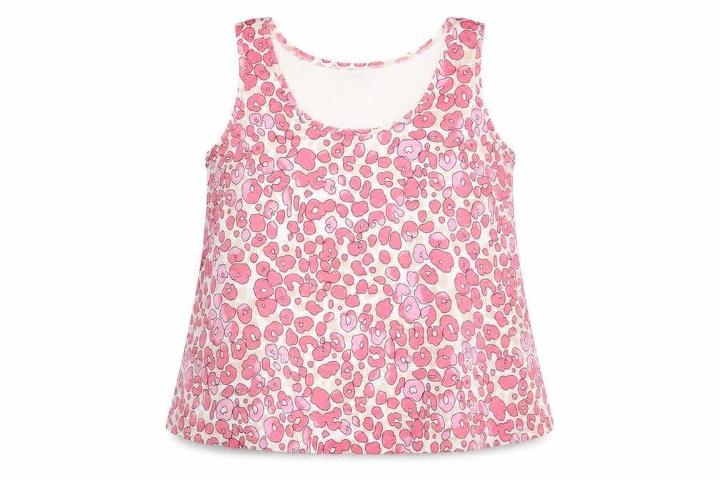 Front view of Marks & Spencer women’s pink animal print polyester basic tank, size UK 8, round neck - leopard print