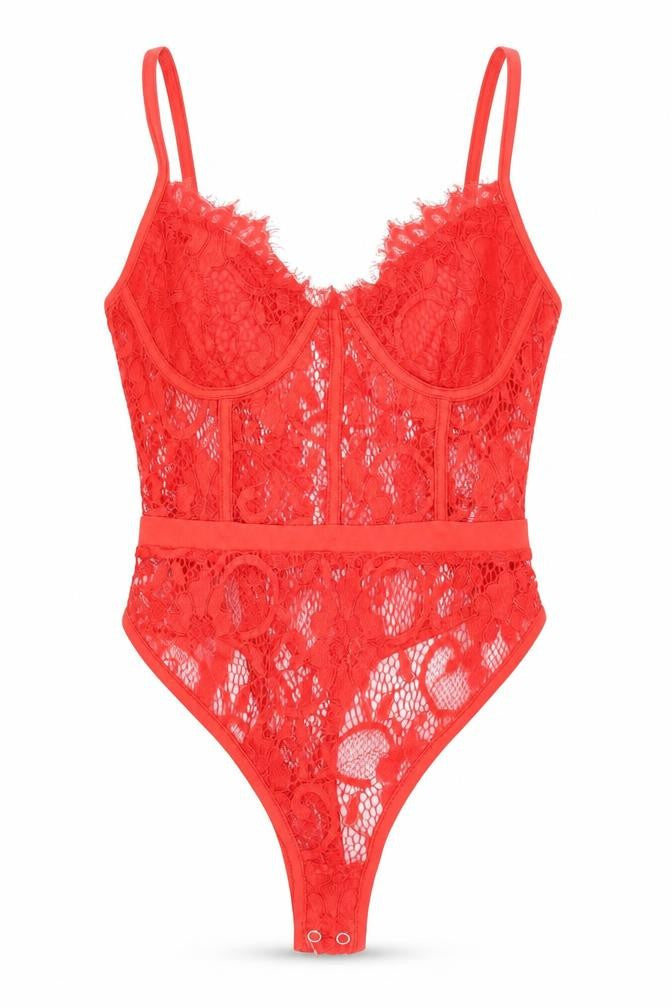 Front view of Naanaa women’s red polyester bodysuit one-piece, size UK 6, snap