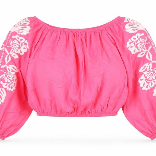 Marks and Spencer Womens Pink 100% Cotton Cropped Blouse Size 22 Boat Neck - Flower Detail