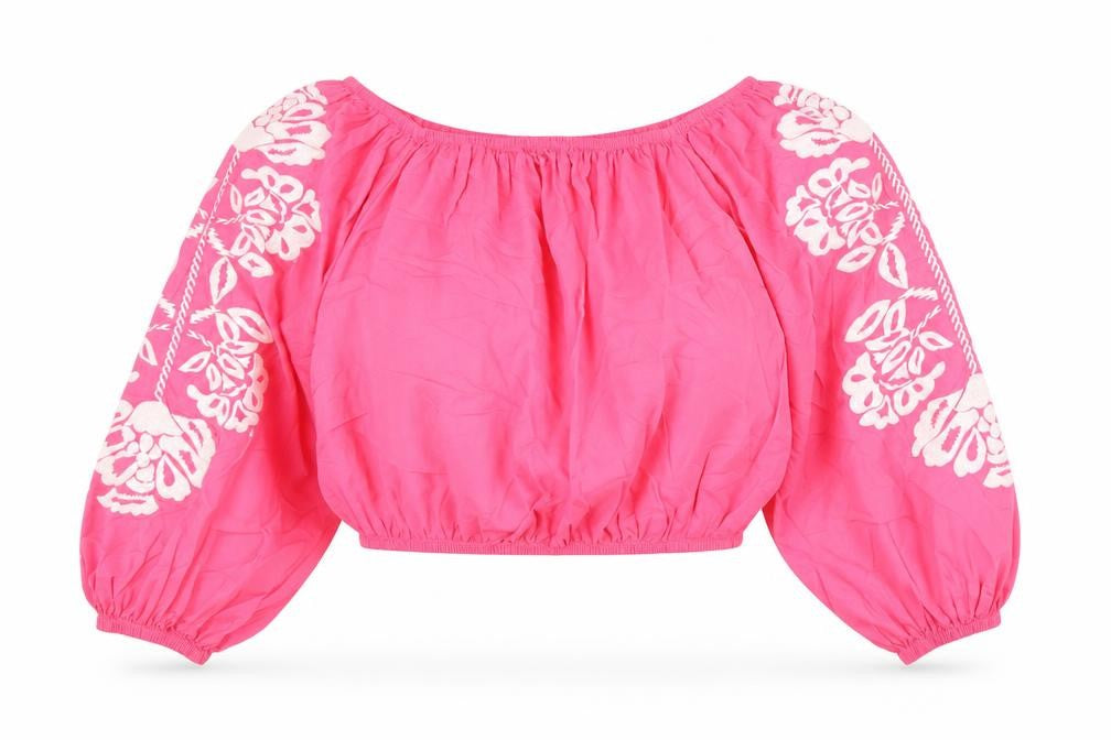 Marks and Spencer Womens Pink 100% Cotton Cropped Blouse Size 22 Boat Neck - Flower Detail
