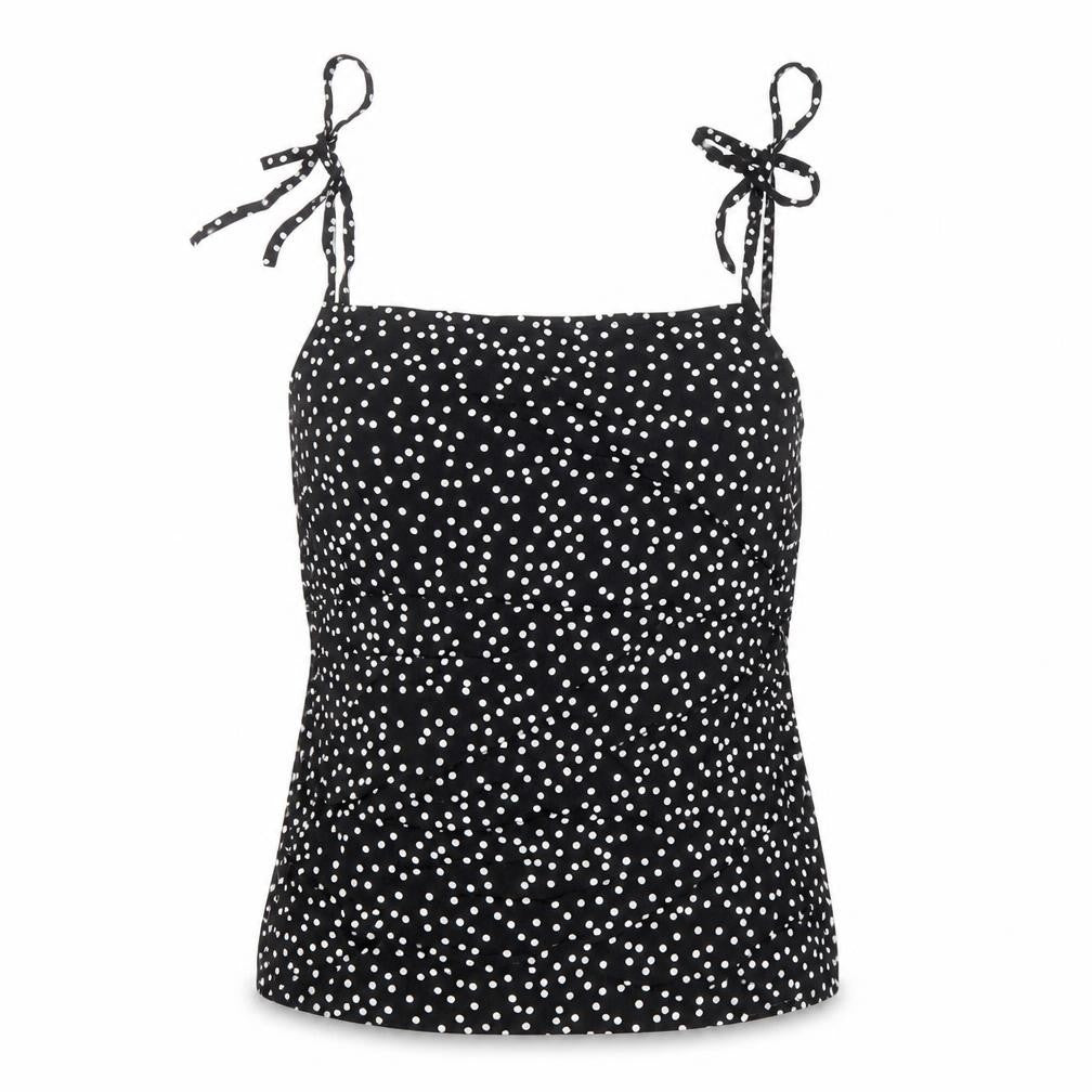 Front view of Preworn women’s black polka dot viscose basic tank, size UK 8, square neck