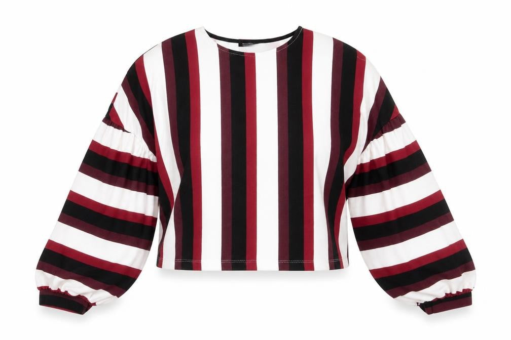 Front view of Bershka women’s multicoloured striped polyester cropped blouse, size S, scoop neck