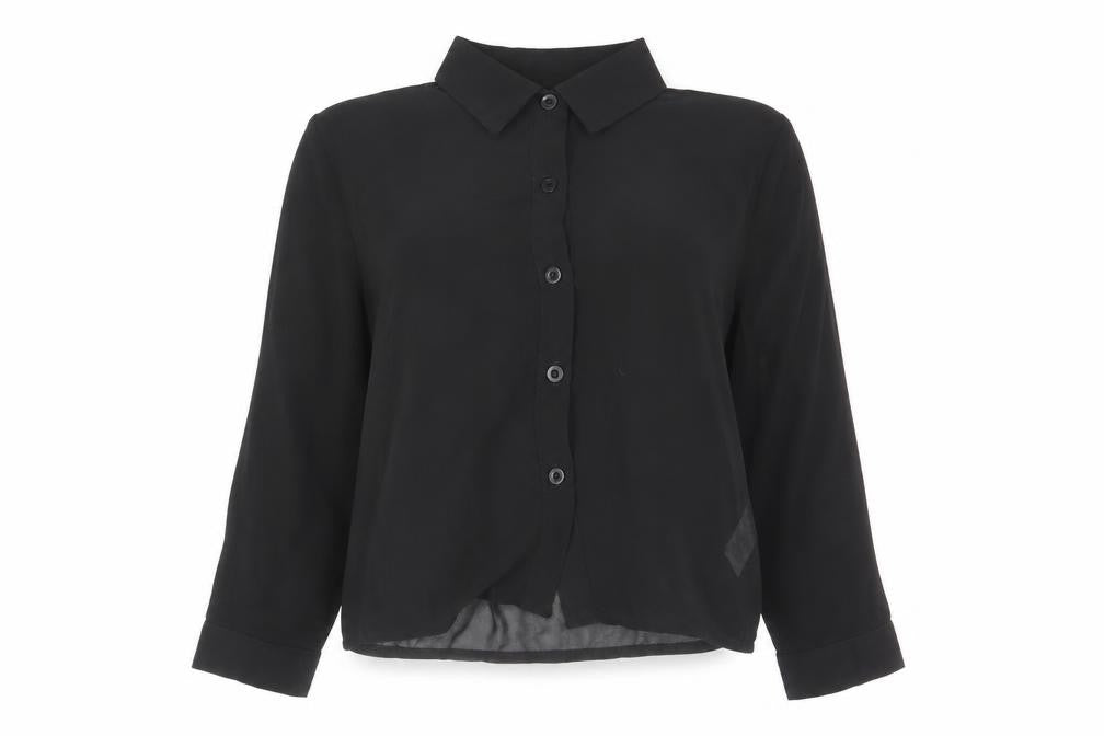 Front view of Boohoo women’s black polyester cropped button-up, size UK 6, collared - chiffon pleated back