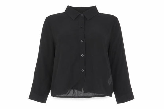 Front view of Boohoo women’s black polyester cropped button-up, size UK 6, collared - chiffon pleated back
