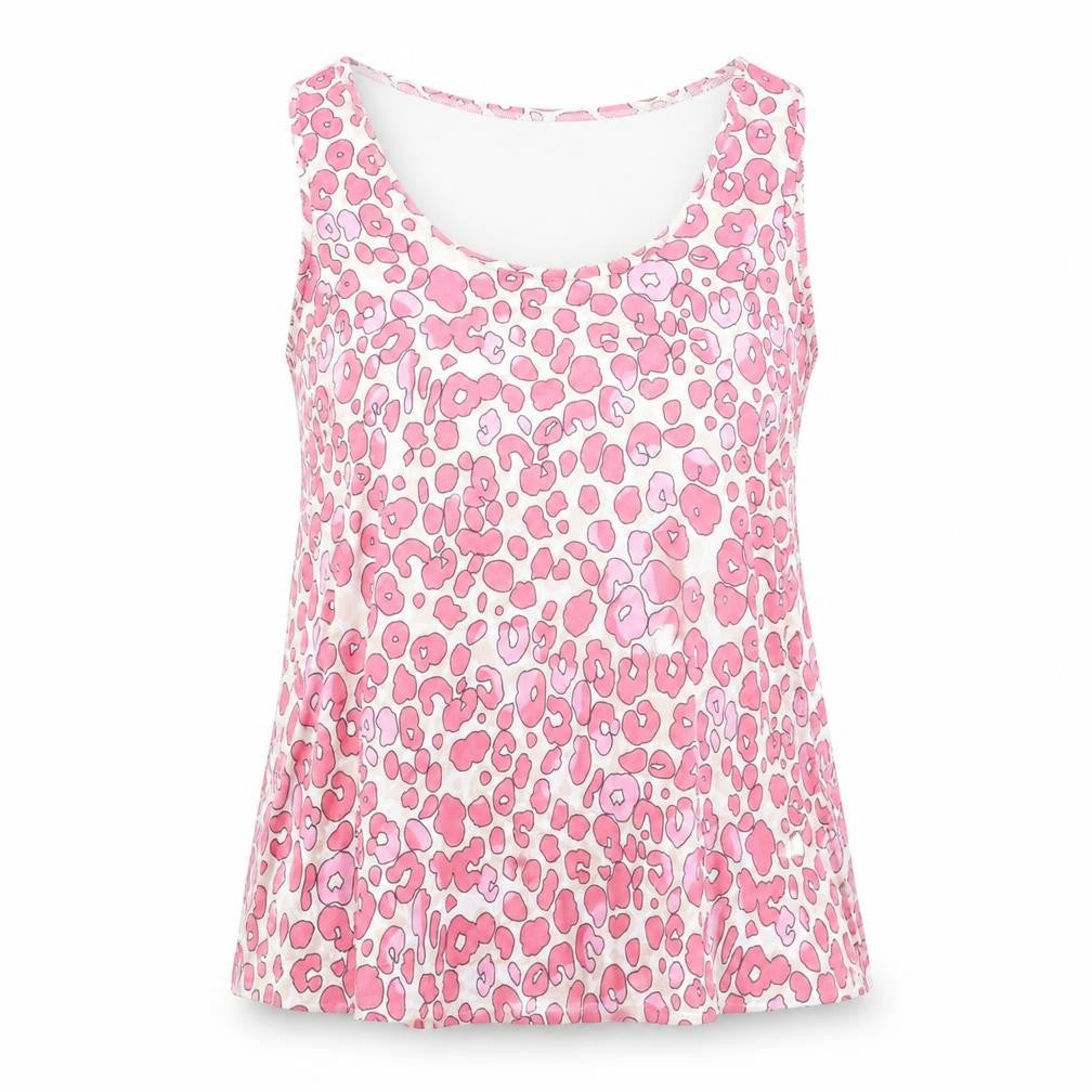 Front view of Marks & Spencer women’s pink animal print polyester basic tank, size UK 8, scoop neck - leopard print