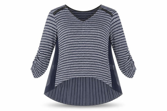 Front view of Quiz women’s blue striped polyester tunic blouse, size UK 10, scoop neck - chiffon pleated back