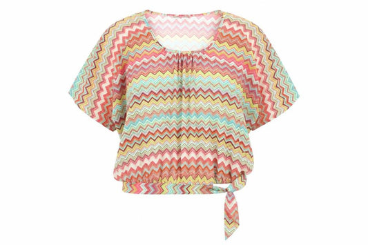 Front view of Atmosphere women’s multicoloured geometric polyester basic blouse, size UK 8, square neck - side tie detail