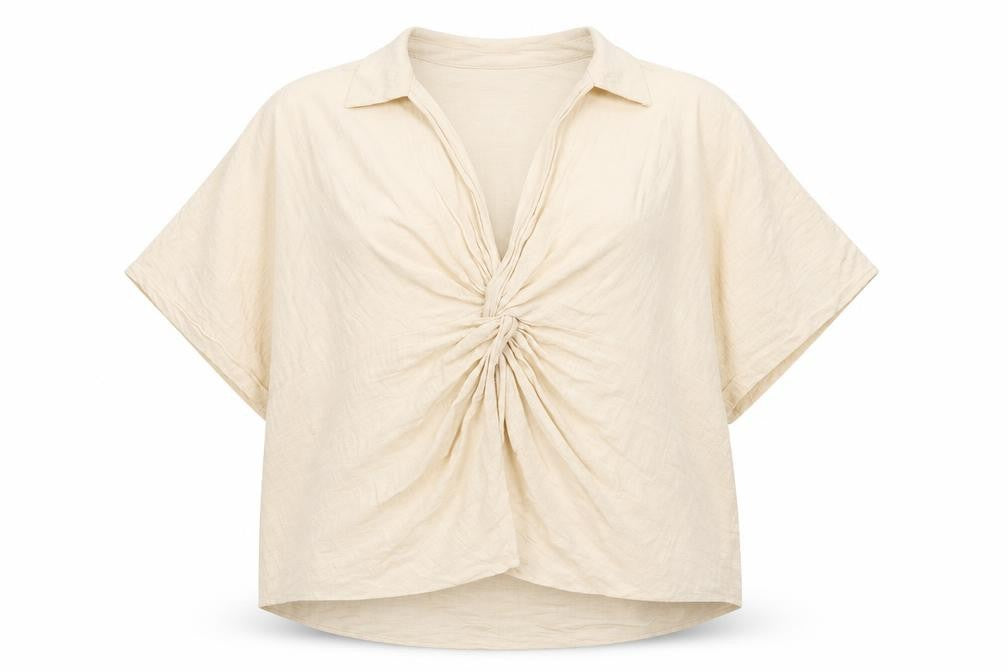 Front view of Zara women’s beige cotton basic blouse, size M, collared - knot front