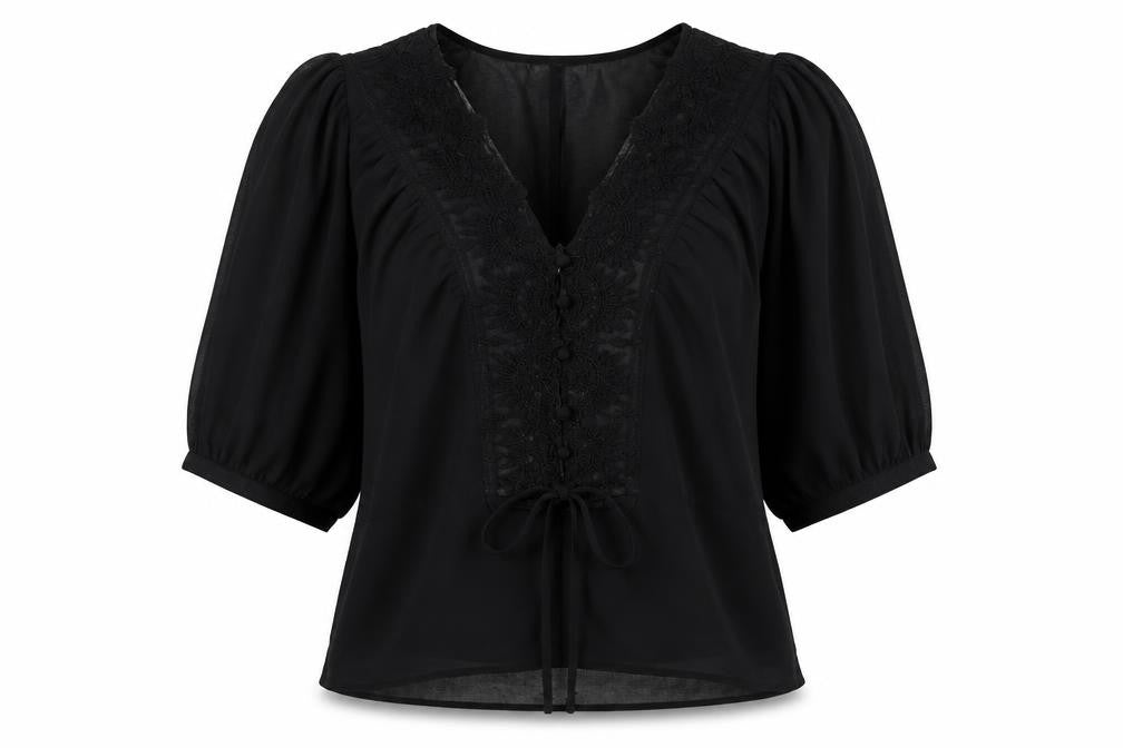 Front view of Daniel Rainn women’s black polyester basic blouse, size M, v-neck