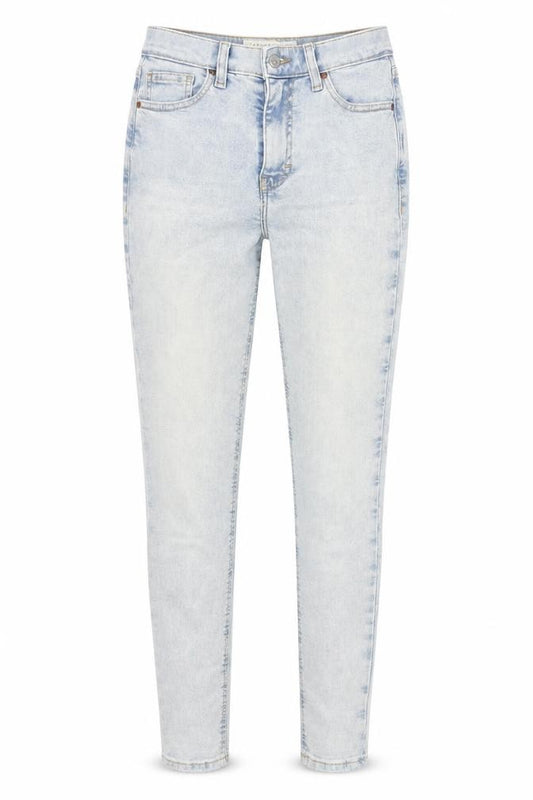 Front view of Topshop women’s blue cotton skinny jeans, size UK 26, in, 30-inch leg regular zip