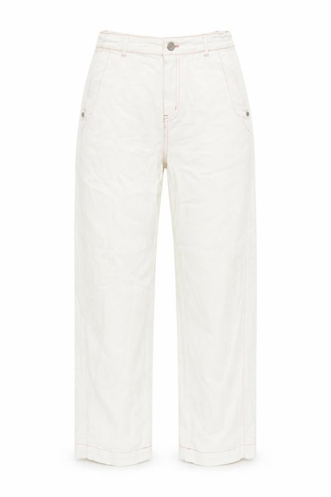 Front view of Omont women’s white cotton straight jeans, size S, regular zip