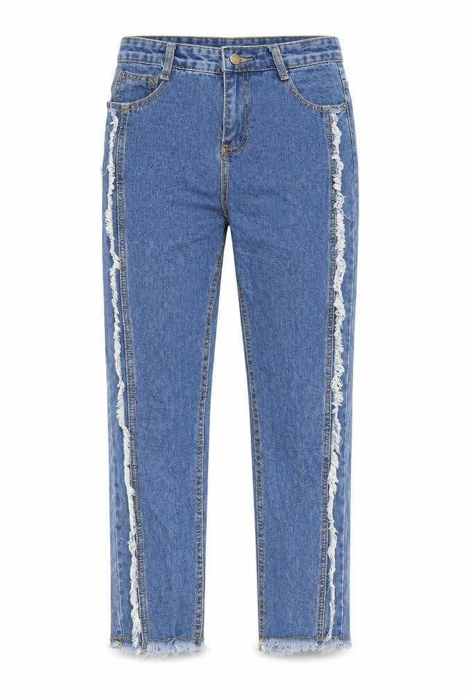Front view of women’s blue cotton straight jeans, size S, regular zip