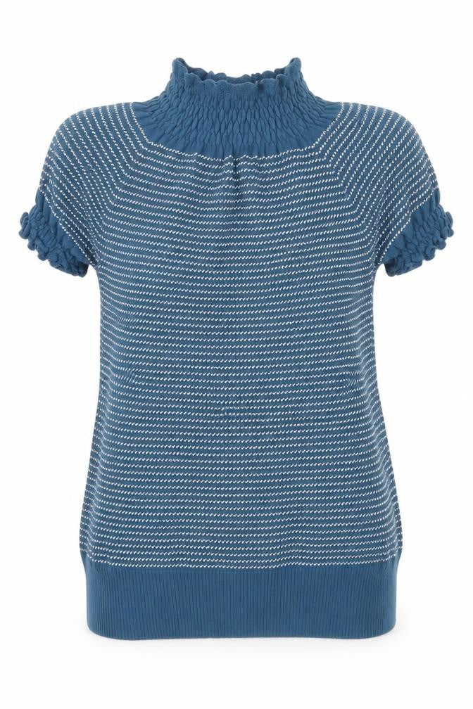 Front view of Max C women’s blue high neck striped cotton jumper, size L