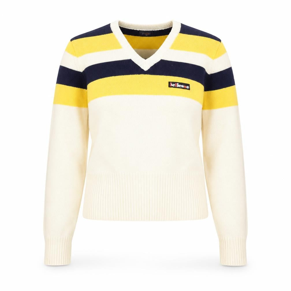 Front view of Ellesse women’s beige v-neck striped viscose jumper, size UK 14