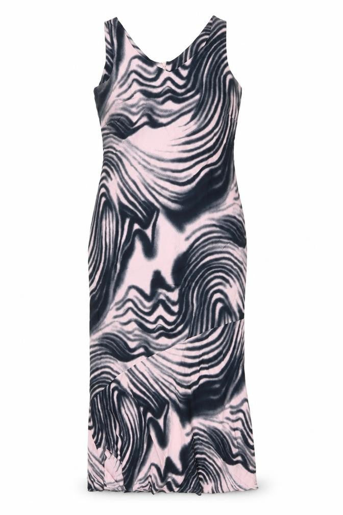 Front view of Gold women’s black geometric polyester maxi, size UK 12, scoop neck zip