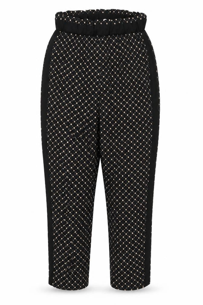Front view of H&M women’s black geometric polyester trousers, size UK 8, 25-inch leg regular