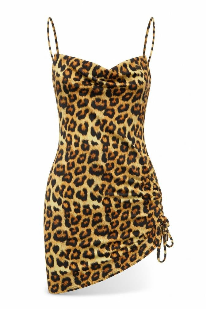 Front view of PRETTYLITTLETHING women’s brown animal print polyester mini, size UK 8, cowl neck pullover - leopard print