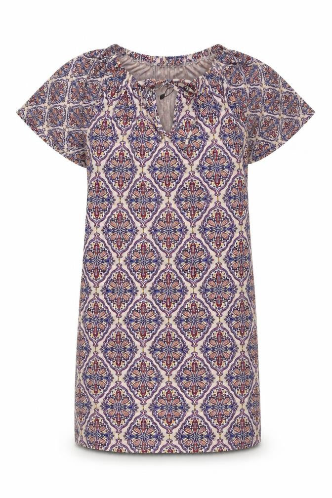 Front view of Next women’s multicoloured geometric viscose shift, size UK 10, boat neck pullover