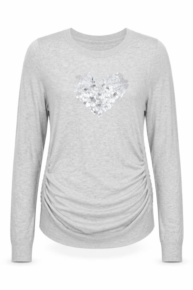Front view of H&M women’s grey round neck acrylic jumper, size M, - love heart