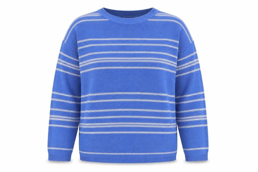 Front view of Forever 21 women’s blue round neck striped cotton jumper, size S