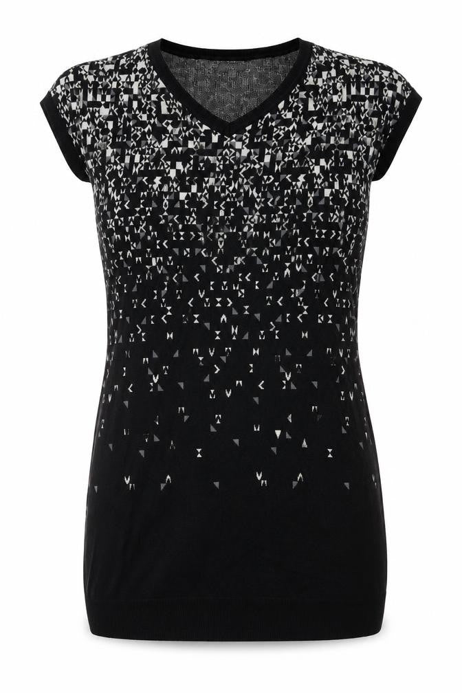 Front view of Gap women’s black geometric cotton shift, size S, v-neck pullover